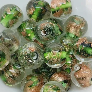 10mm Round (10) - Green w. Aventurine - Vintage Handmade Glass Lampwork Beads