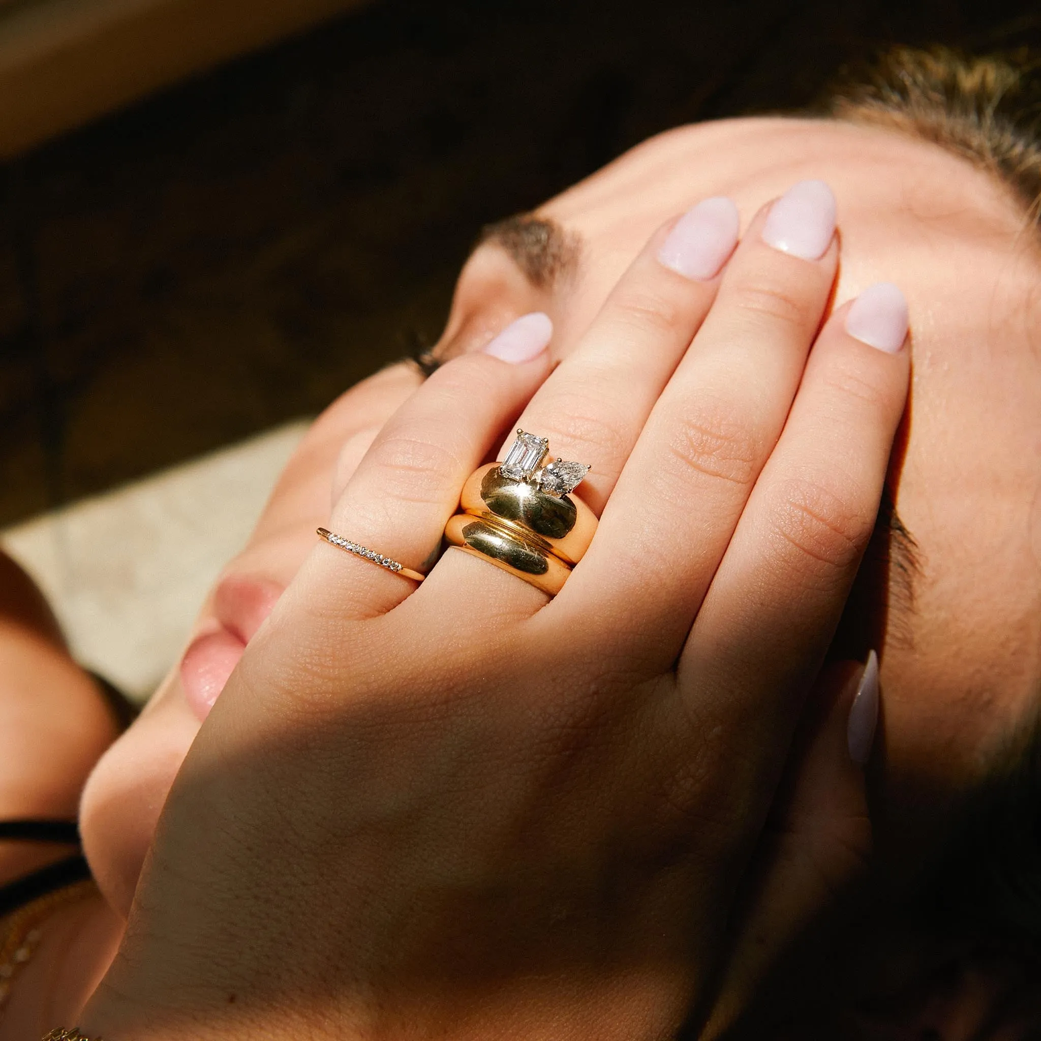 14k Large Pear & Emerald Cut Diamond Horizon Medium Aura Ring