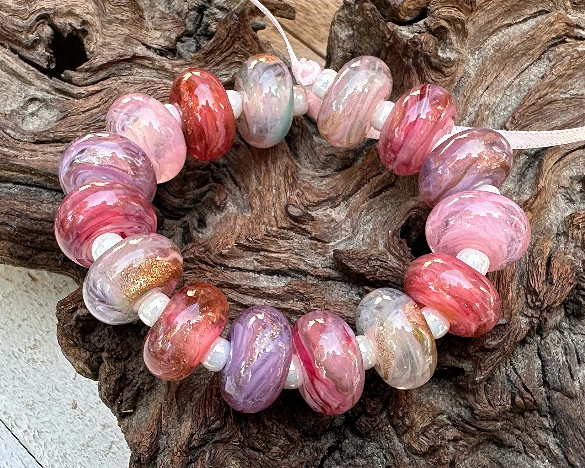 15 Pink Swirl Mix Lampwork Beads Mix SRA