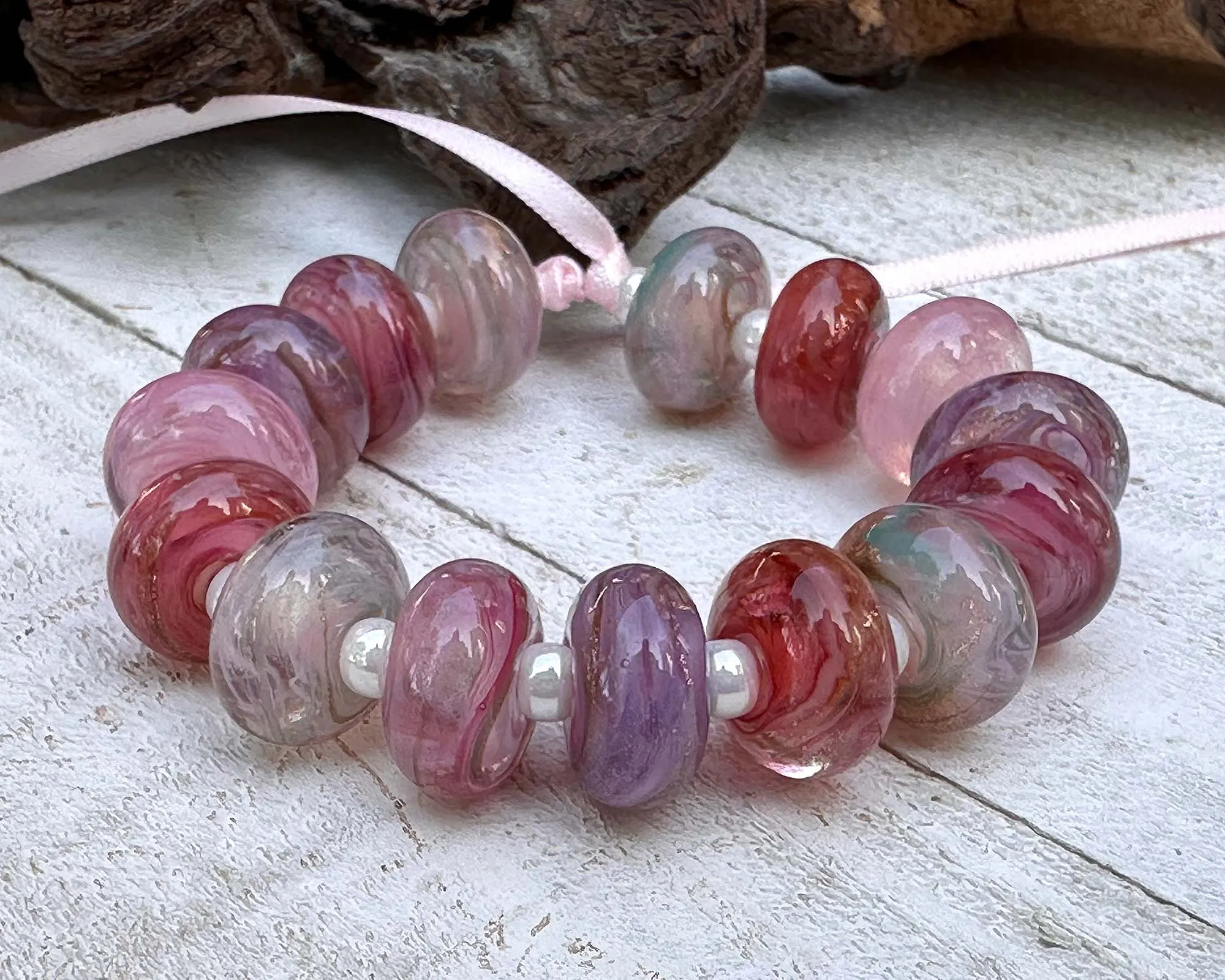 15 Pink Swirl Mix Lampwork Beads Mix SRA