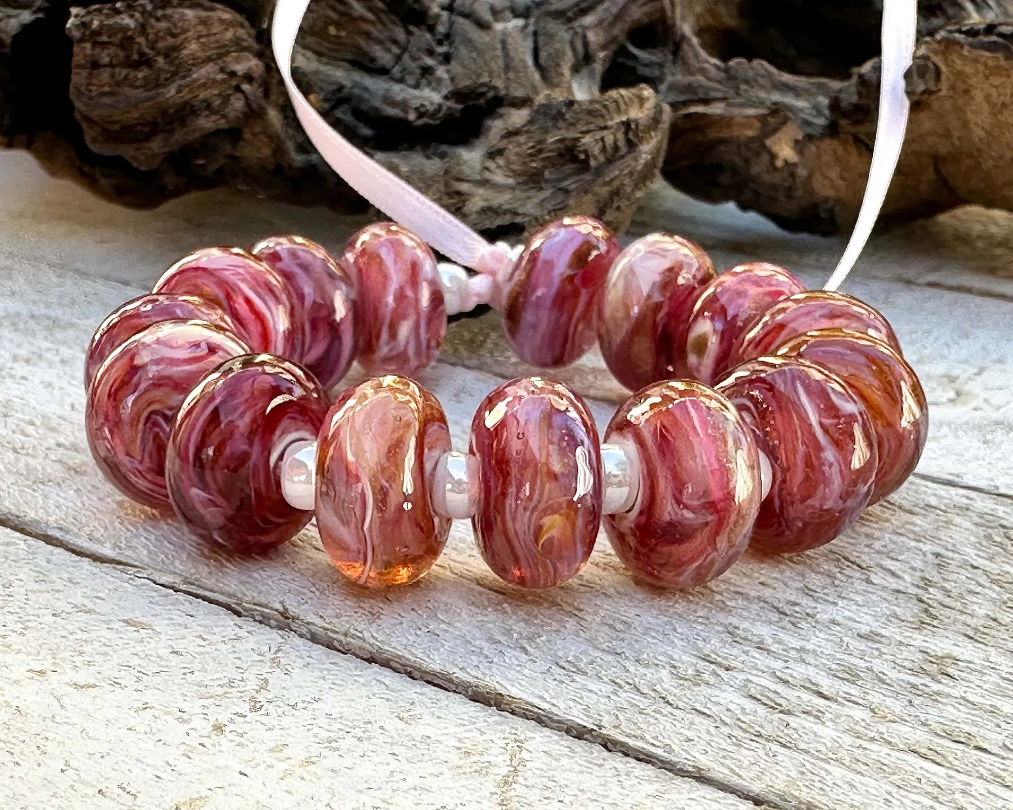 15 Sunset Pink Shimmer Lampwork Beads Mix SRA