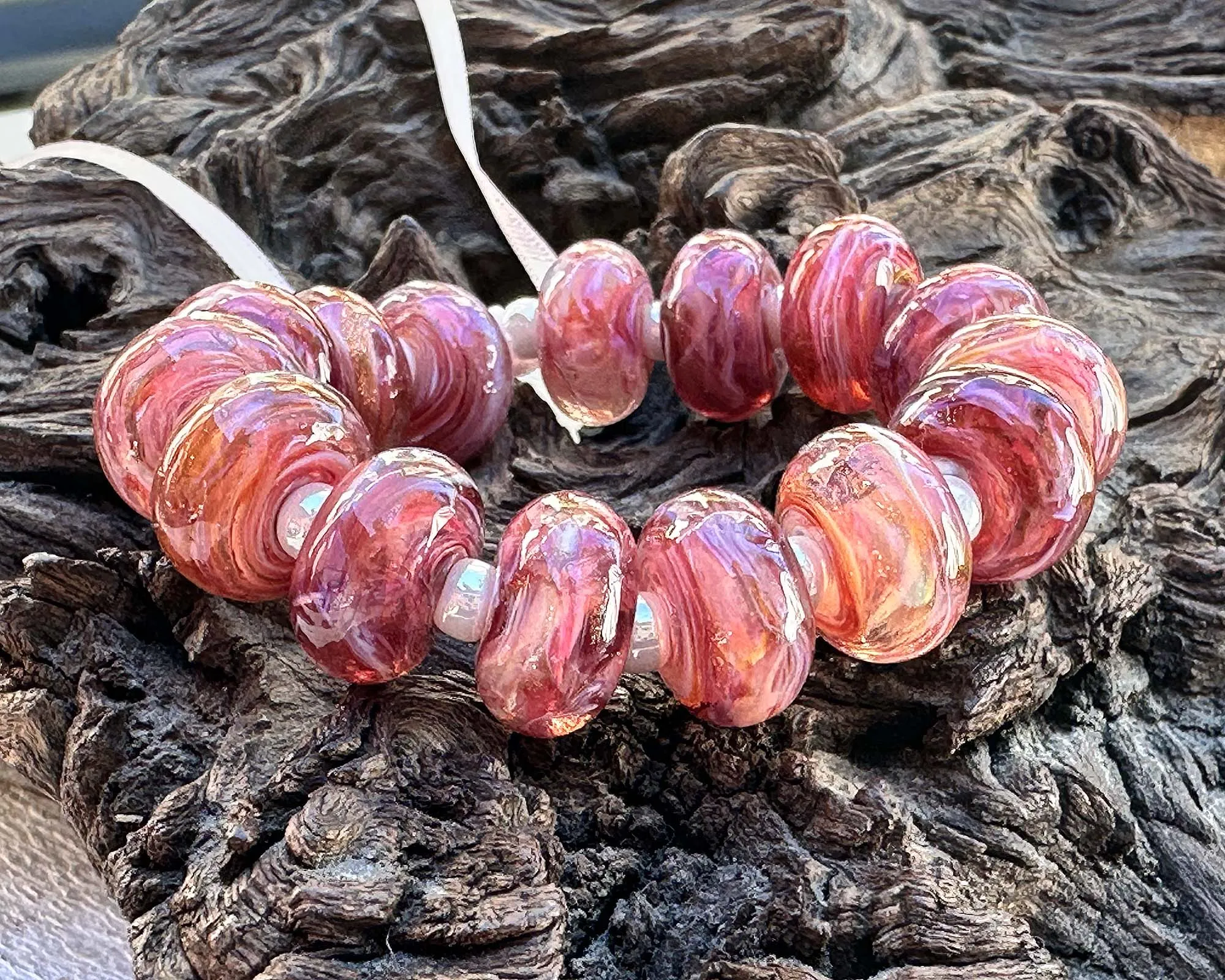 15 Sunset Pink Shimmer Lampwork Beads Mix SRA