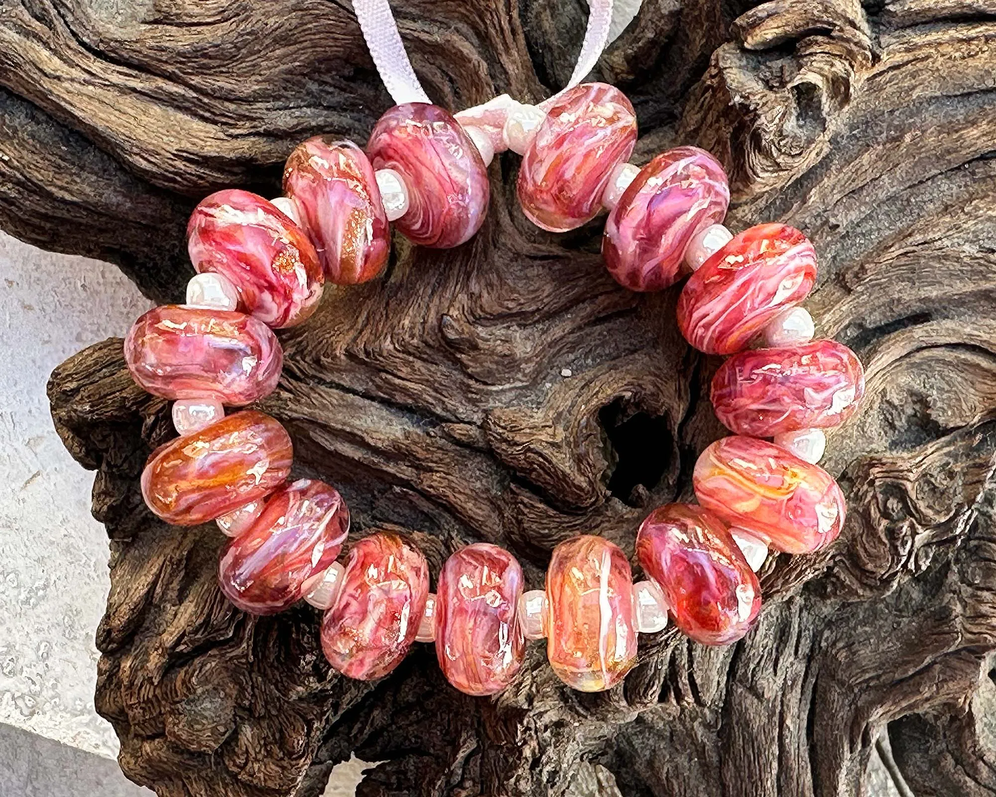 15 Sunset Pink Shimmer Lampwork Beads Mix SRA