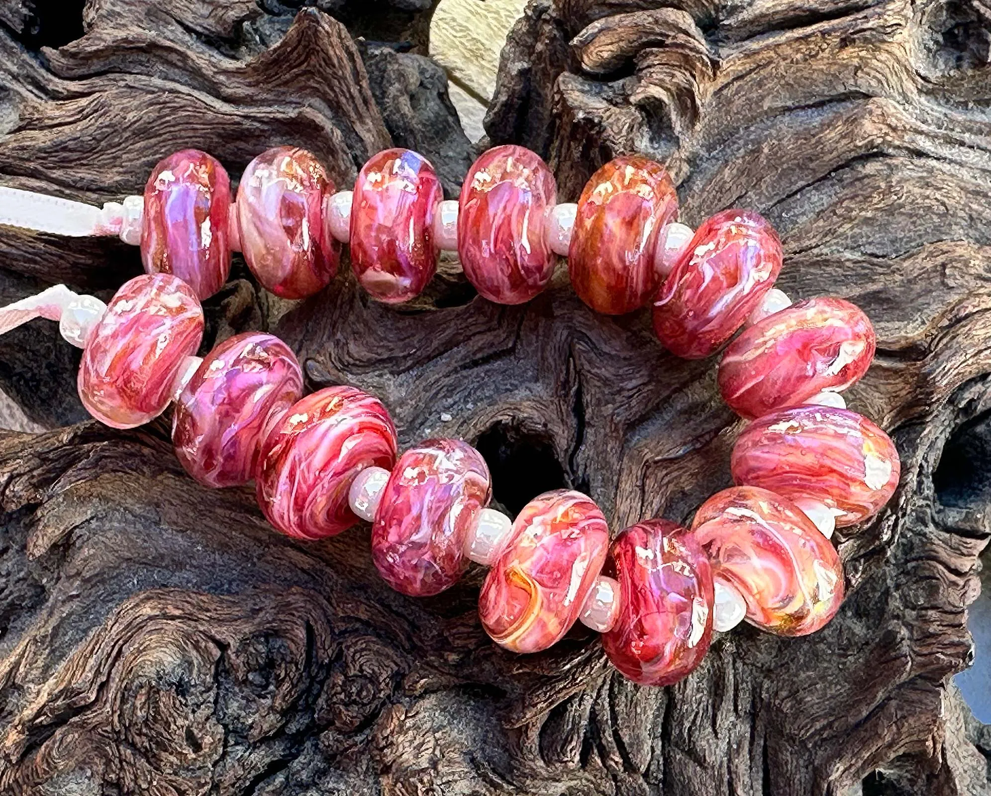 15 Sunset Pink Shimmer Lampwork Beads Mix SRA
