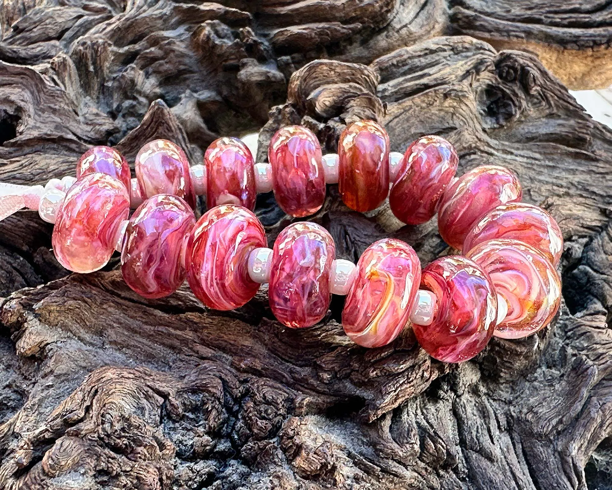 15 Sunset Pink Shimmer Lampwork Beads Mix SRA