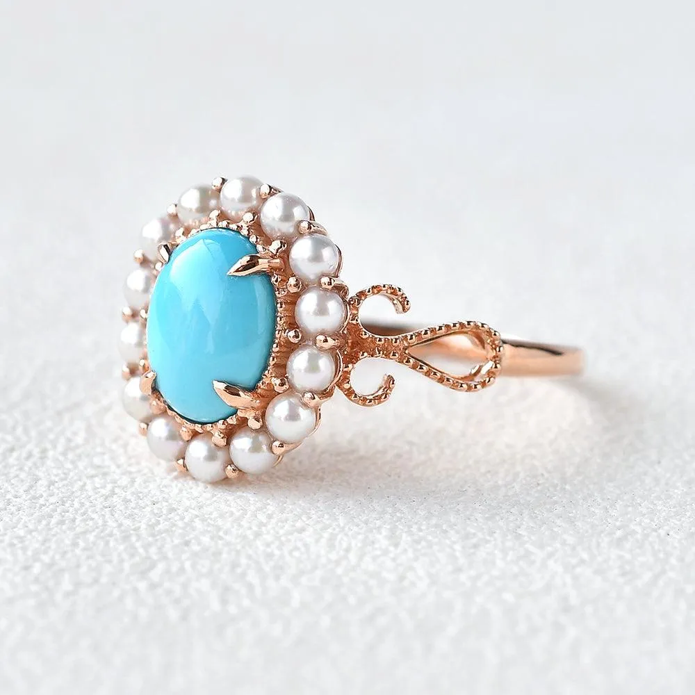 2.0ct Oval Turquoise Bohemian Vintage Halo Ring