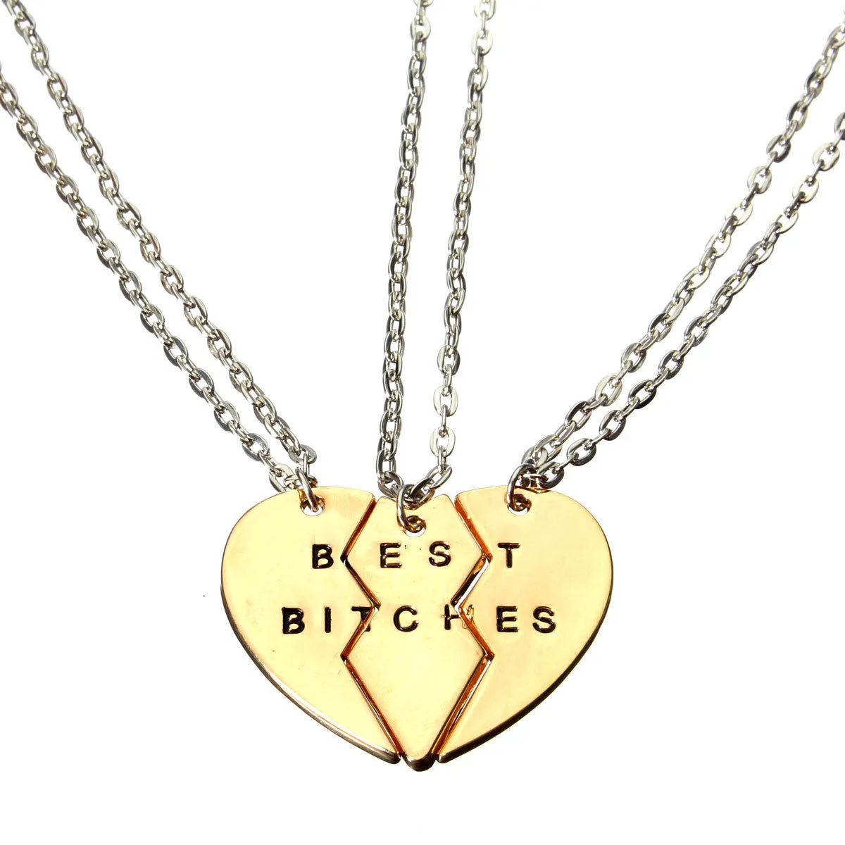 3 Parts Best Bitches Gold Broken Heart Necklaces