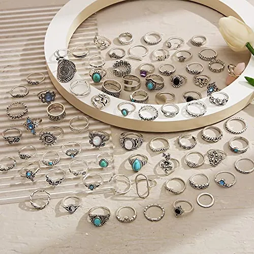 82 Pcs Vintage Silver Knuckle Rings Set for Women, Bohemian Stackable Joint Finger Rings, Retro Stone Crystal Stacking Midi Rings Pack