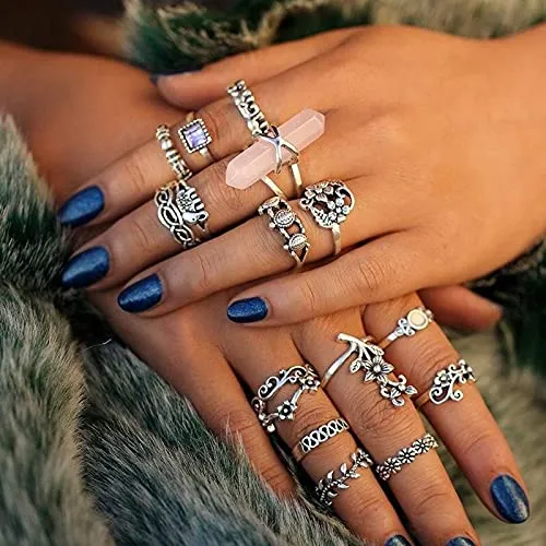 82 Pcs Vintage Silver Knuckle Rings Set for Women, Bohemian Stackable Joint Finger Rings, Retro Stone Crystal Stacking Midi Rings Pack
