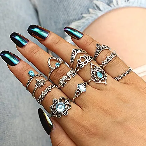 82 Pcs Vintage Silver Knuckle Rings Set for Women, Bohemian Stackable Joint Finger Rings, Retro Stone Crystal Stacking Midi Rings Pack