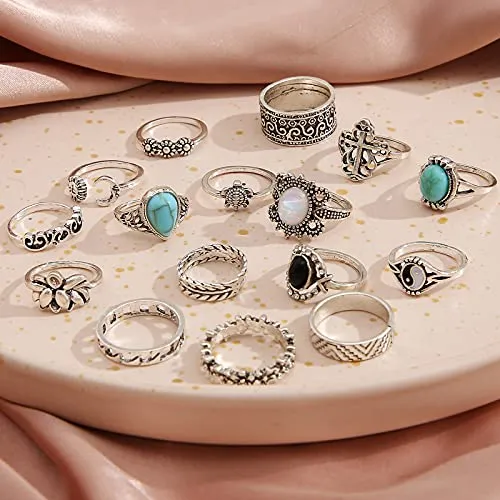 82 Pcs Vintage Silver Knuckle Rings Set for Women, Bohemian Stackable Joint Finger Rings, Retro Stone Crystal Stacking Midi Rings Pack