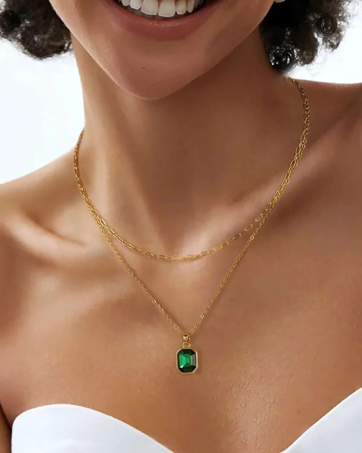 ACECHA Gold Layered Necklaces for Women, 18k Gold Plated Paperclip Chain Choker Necklace with Rectangle Crystal Birthstone Pendant Dainty Emerald Green Jewelry Gifts