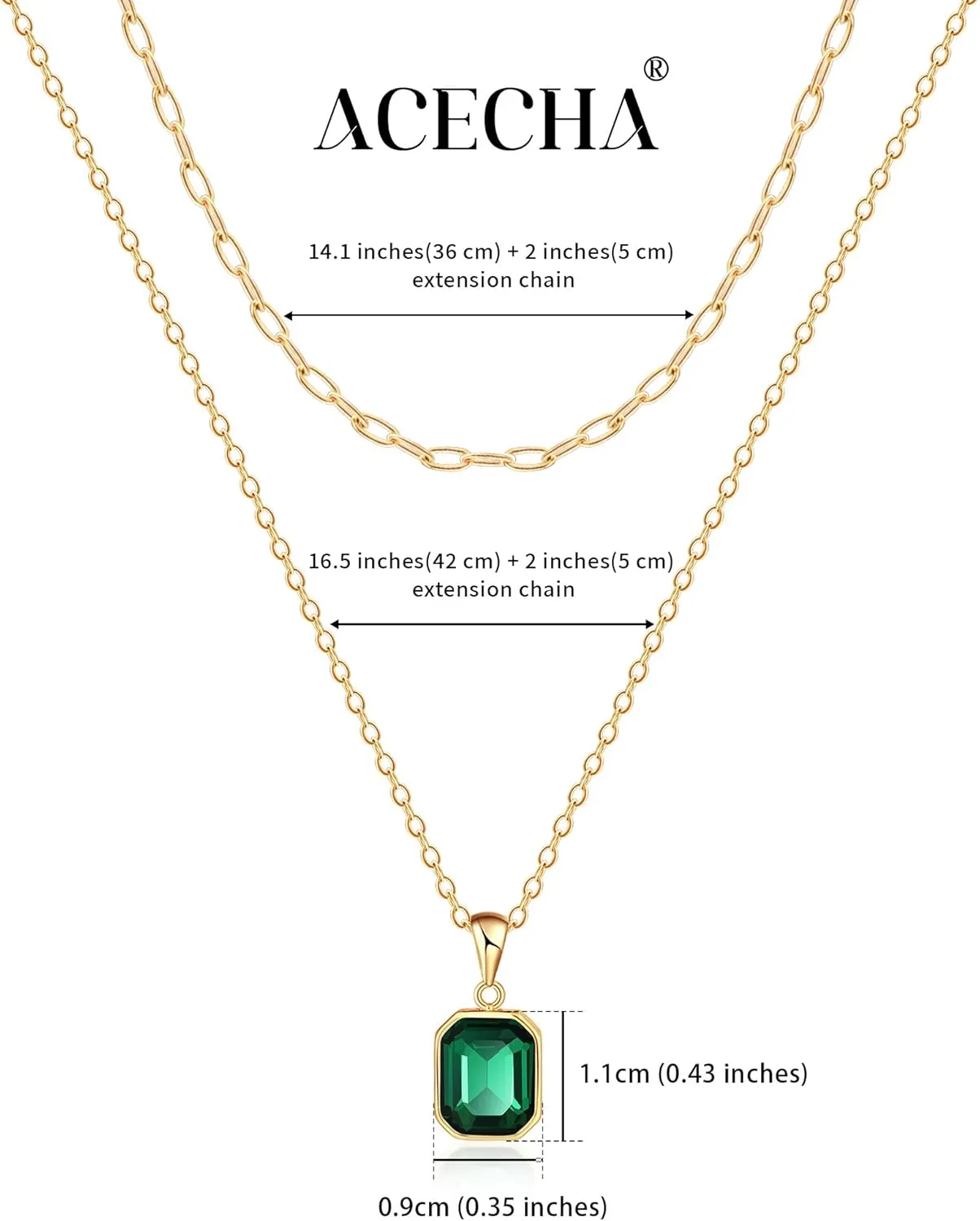 ACECHA Gold Layered Necklaces for Women, 18k Gold Plated Paperclip Chain Choker Necklace with Rectangle Crystal Birthstone Pendant Dainty Emerald Green Jewelry Gifts