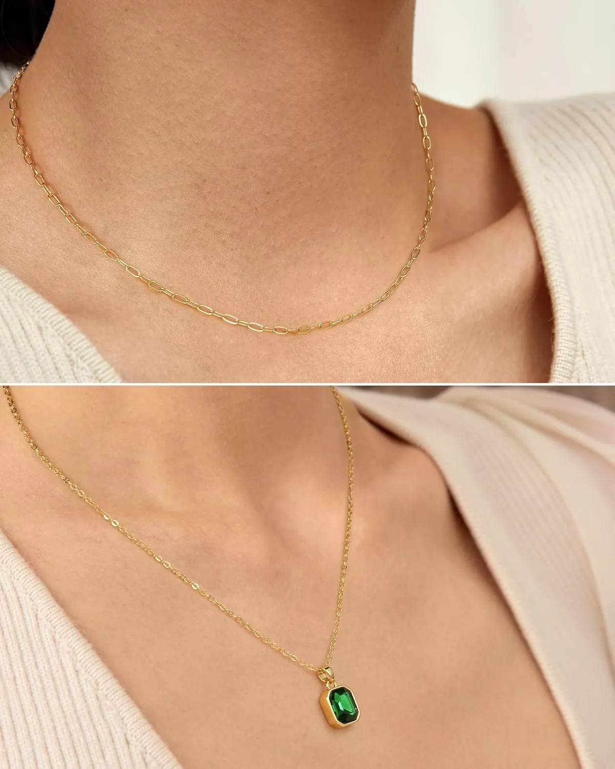 ACECHA Gold Layered Necklaces for Women, 18k Gold Plated Paperclip Chain Choker Necklace with Rectangle Crystal Birthstone Pendant Dainty Emerald Green Jewelry Gifts