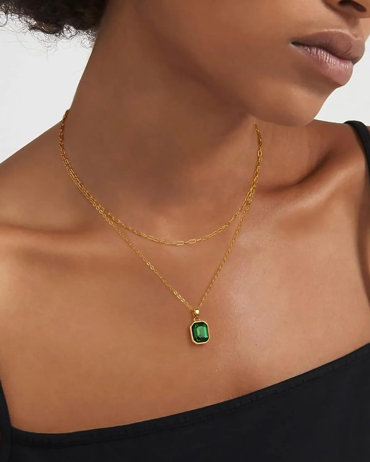 ACECHA Gold Layered Necklaces for Women, 18k Gold Plated Paperclip Chain Choker Necklace with Rectangle Crystal Birthstone Pendant Dainty Emerald Green Jewelry Gifts