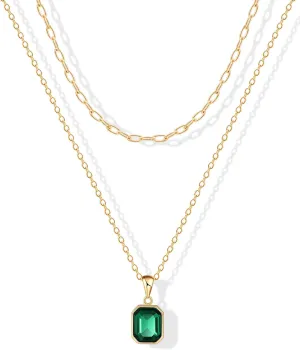 ACECHA Gold Layered Necklaces for Women, 18k Gold Plated Paperclip Chain Choker Necklace with Rectangle Crystal Birthstone Pendant Dainty Emerald Green Jewelry Gifts