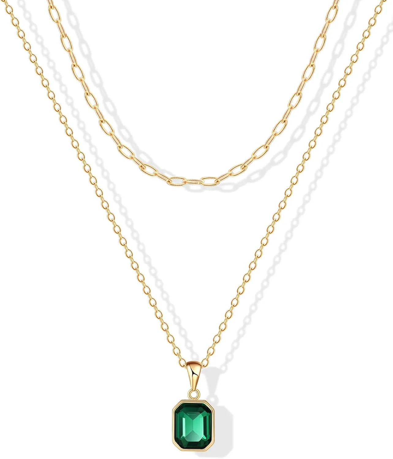 ACECHA Gold Layered Necklaces for Women, 18k Gold Plated Paperclip Chain Choker Necklace with Rectangle Crystal Birthstone Pendant Dainty Emerald Green Jewelry Gifts