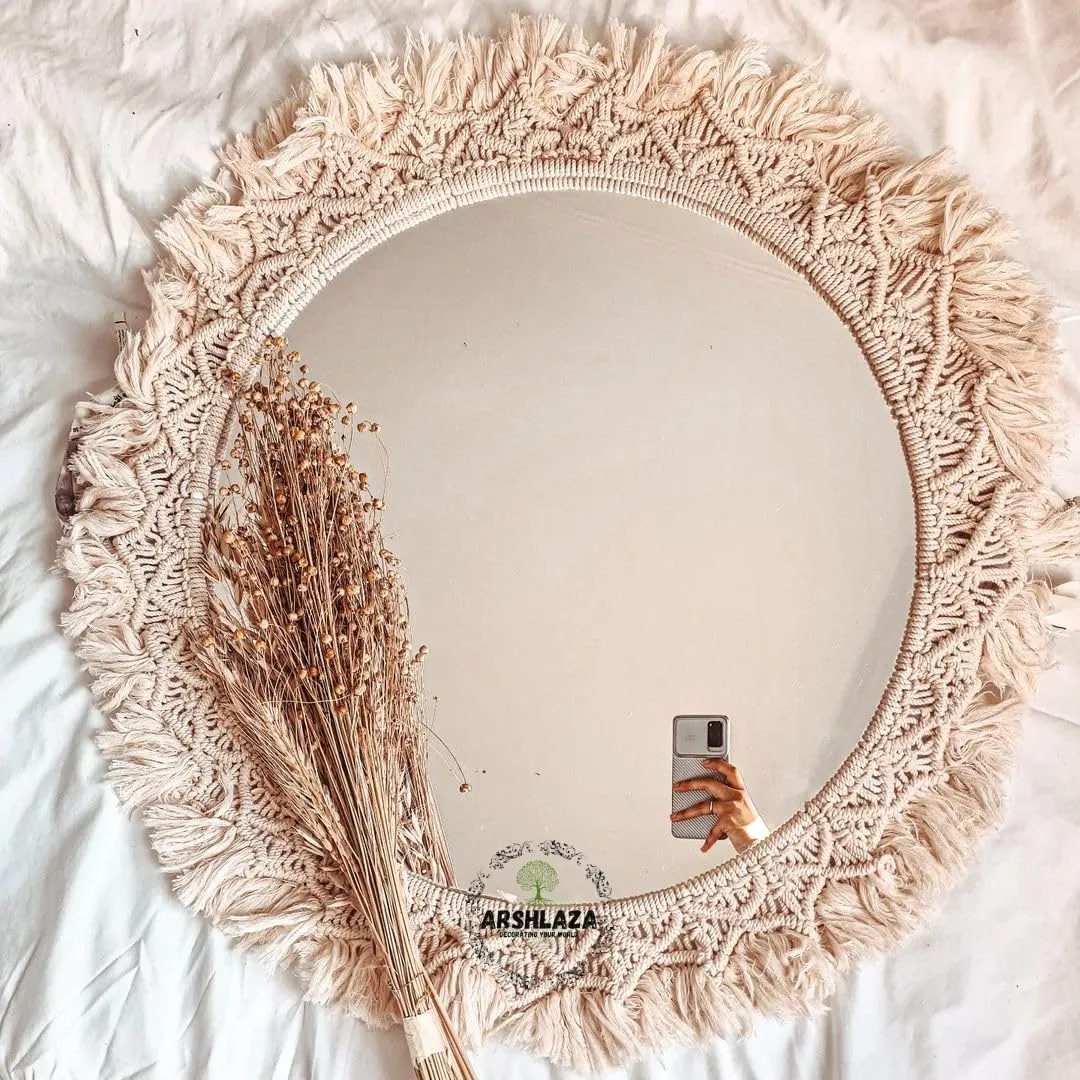 ARSHLAZA Macrame Hanging Wall Mirror with Macrame Round Mirror Art Boho Decor Macrame Decorative Mirror [M08]