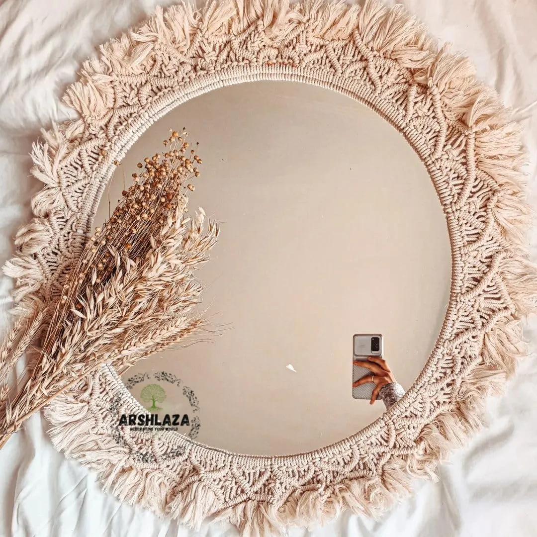 ARSHLAZA Macrame Hanging Wall Mirror with Macrame Round Mirror Art Boho Decor Macrame Decorative Mirror [M08]