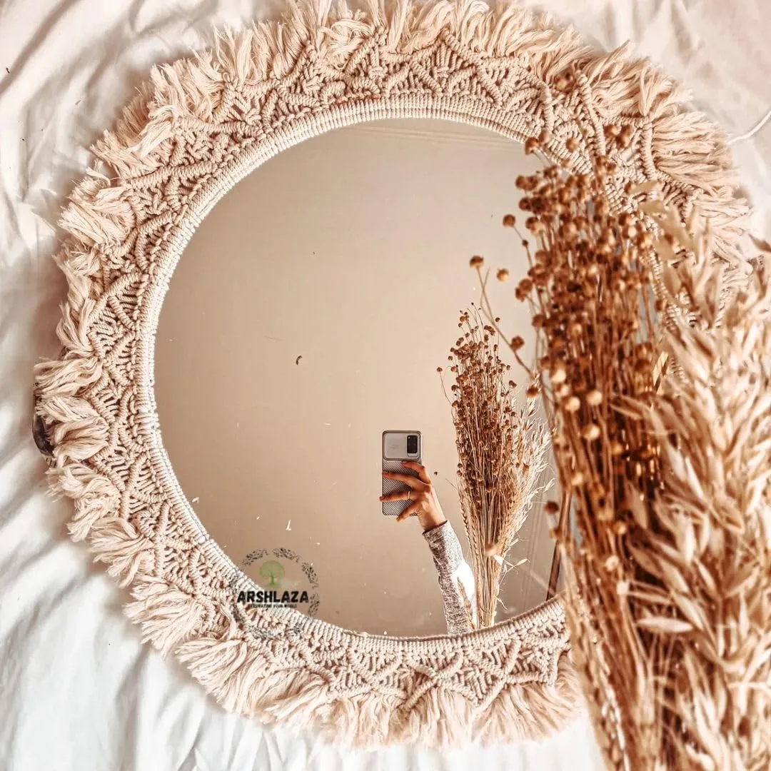 ARSHLAZA Macrame Hanging Wall Mirror with Macrame Round Mirror Art Boho Decor Macrame Decorative Mirror [M08]