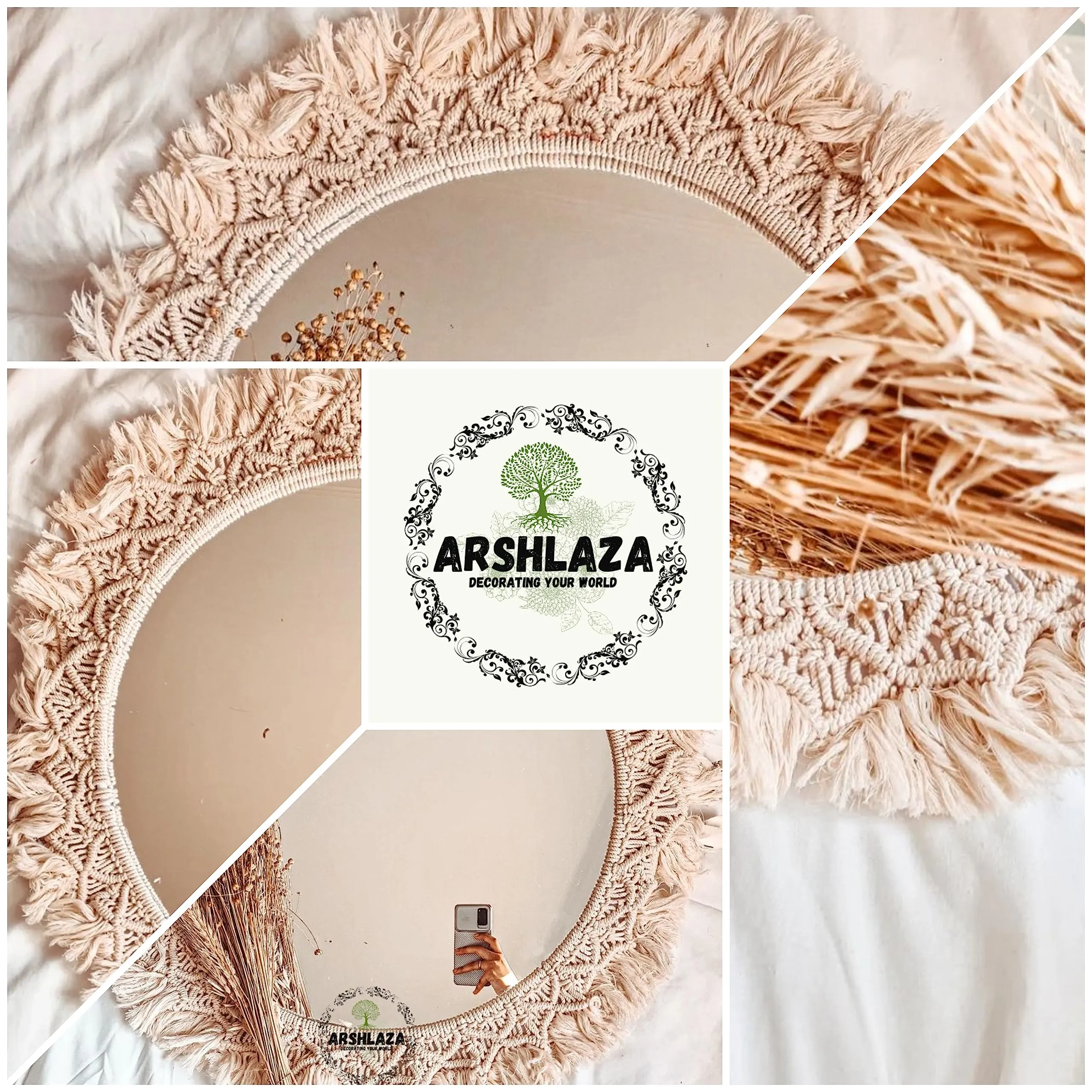 ARSHLAZA Macrame Hanging Wall Mirror with Macrame Round Mirror Art Boho Decor Macrame Decorative Mirror [M08]