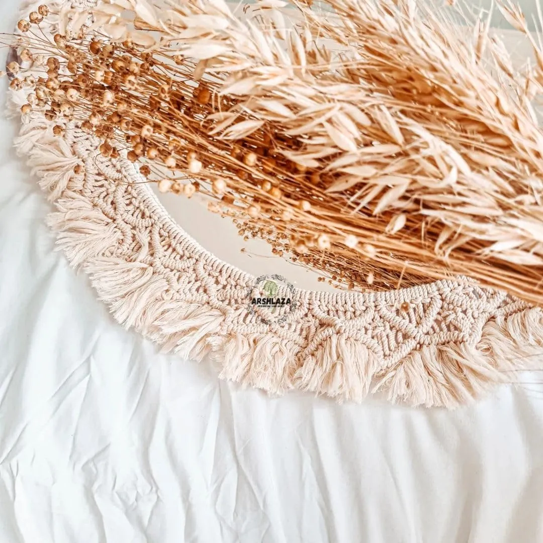 ARSHLAZA Macrame Hanging Wall Mirror with Macrame Round Mirror Art Boho Decor Macrame Decorative Mirror [M08]