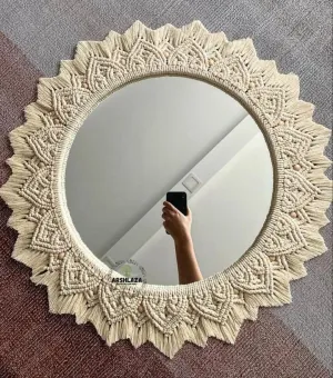 ARSHLAZA Macrame Hanging Wall Mirror with Macrame Round Mirror Art Boho Decor Macrame Decorative Mirror [M82] Framed, White