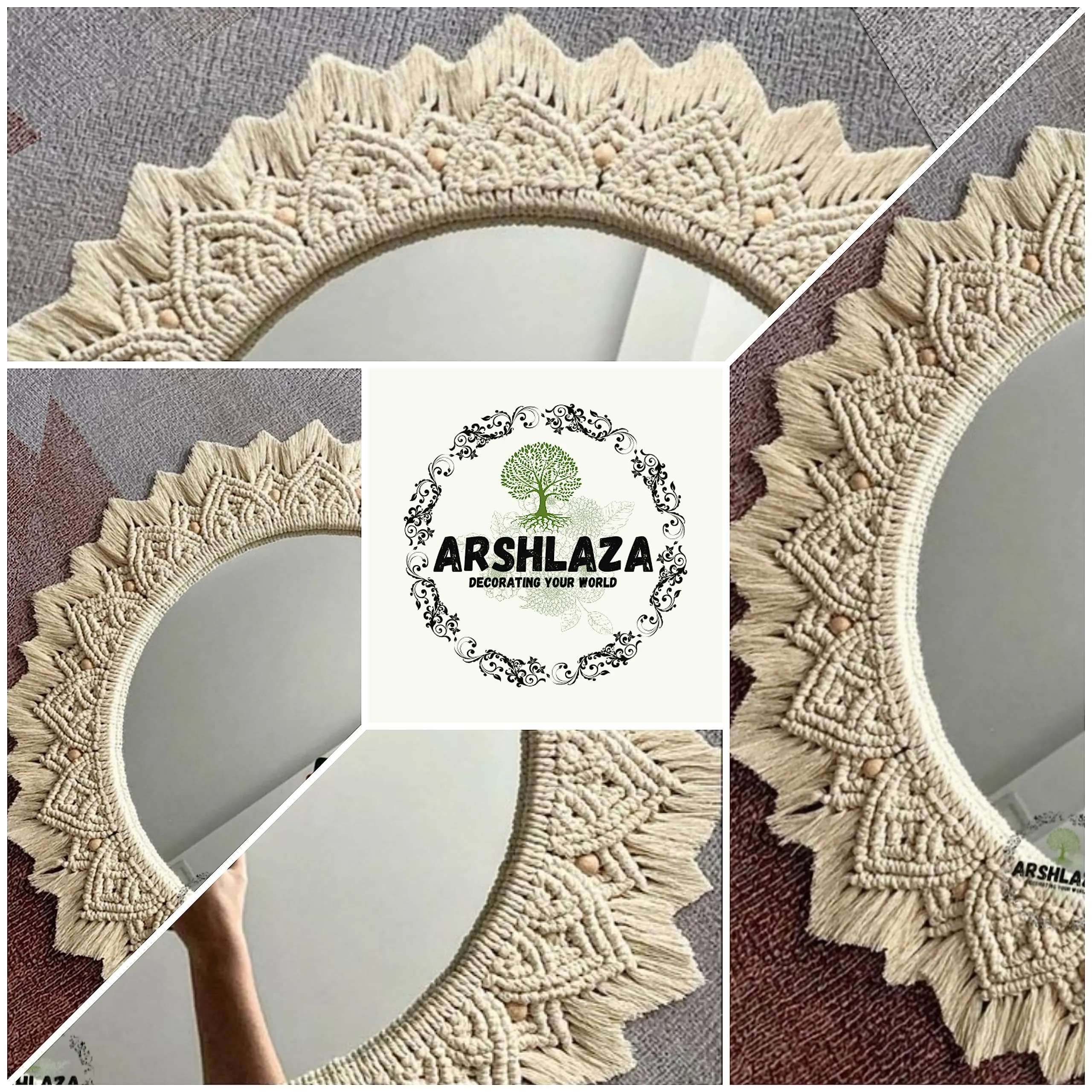 ARSHLAZA Macrame Hanging Wall Mirror with Macrame Round Mirror Art Boho Decor Macrame Decorative Mirror [M82] Framed, White