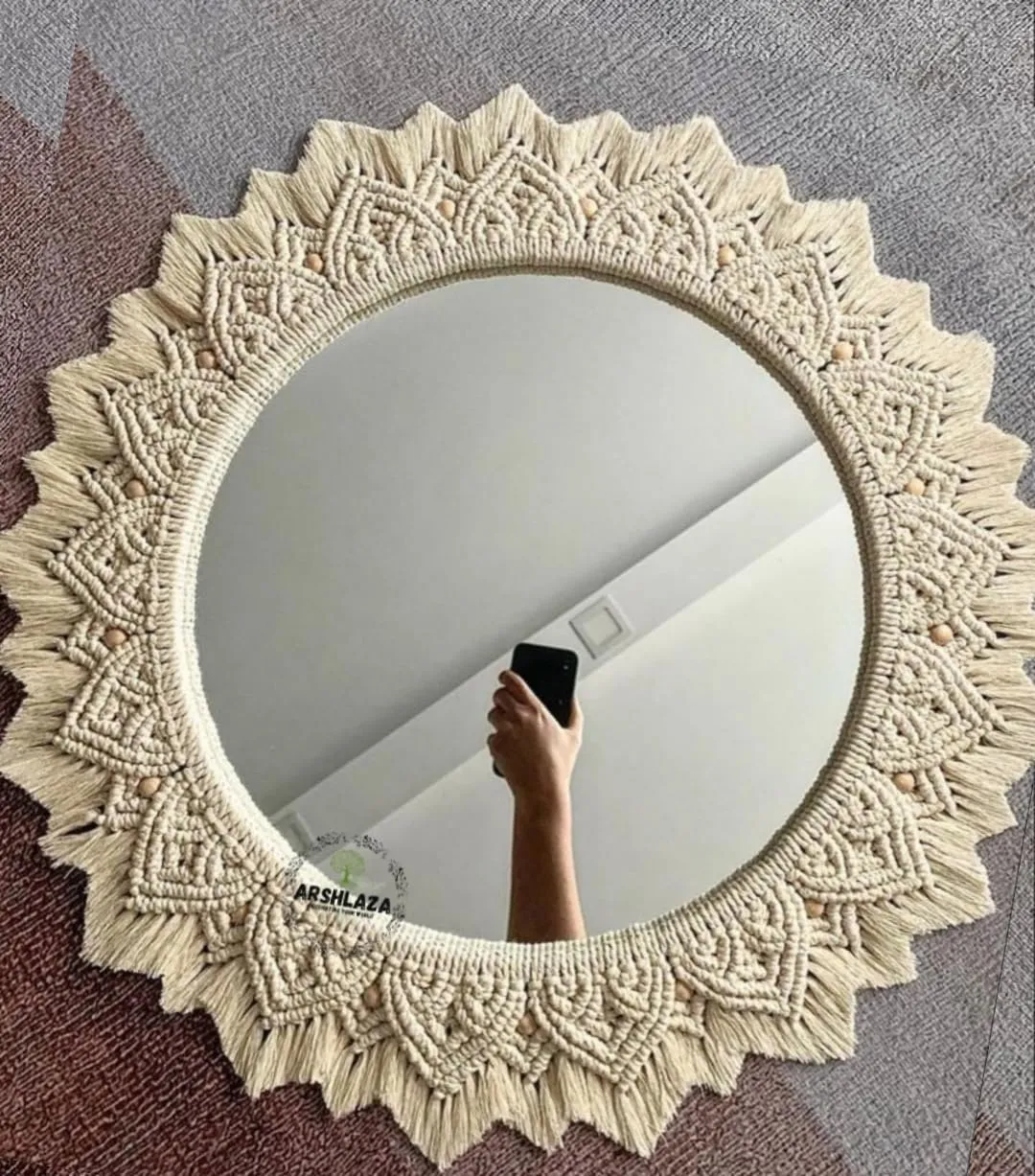 ARSHLAZA Macrame Hanging Wall Mirror with Macrame Round Mirror Art Boho Decor Macrame Decorative Mirror [M82] Framed, White