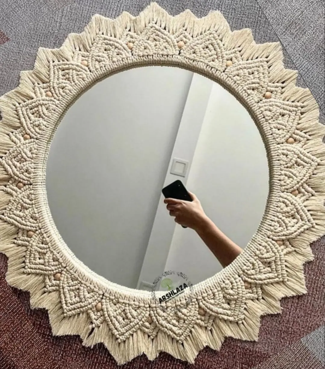 ARSHLAZA Macrame Hanging Wall Mirror with Macrame Round Mirror Art Boho Decor Macrame Decorative Mirror [M82] Framed, White