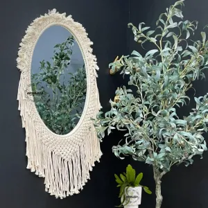 ARSHLAZA Macrame Hanging Wall Mirror with Macrame Round Mirror Art Boho Decor Macrame Decorative Mirror [MF90] Framed, White