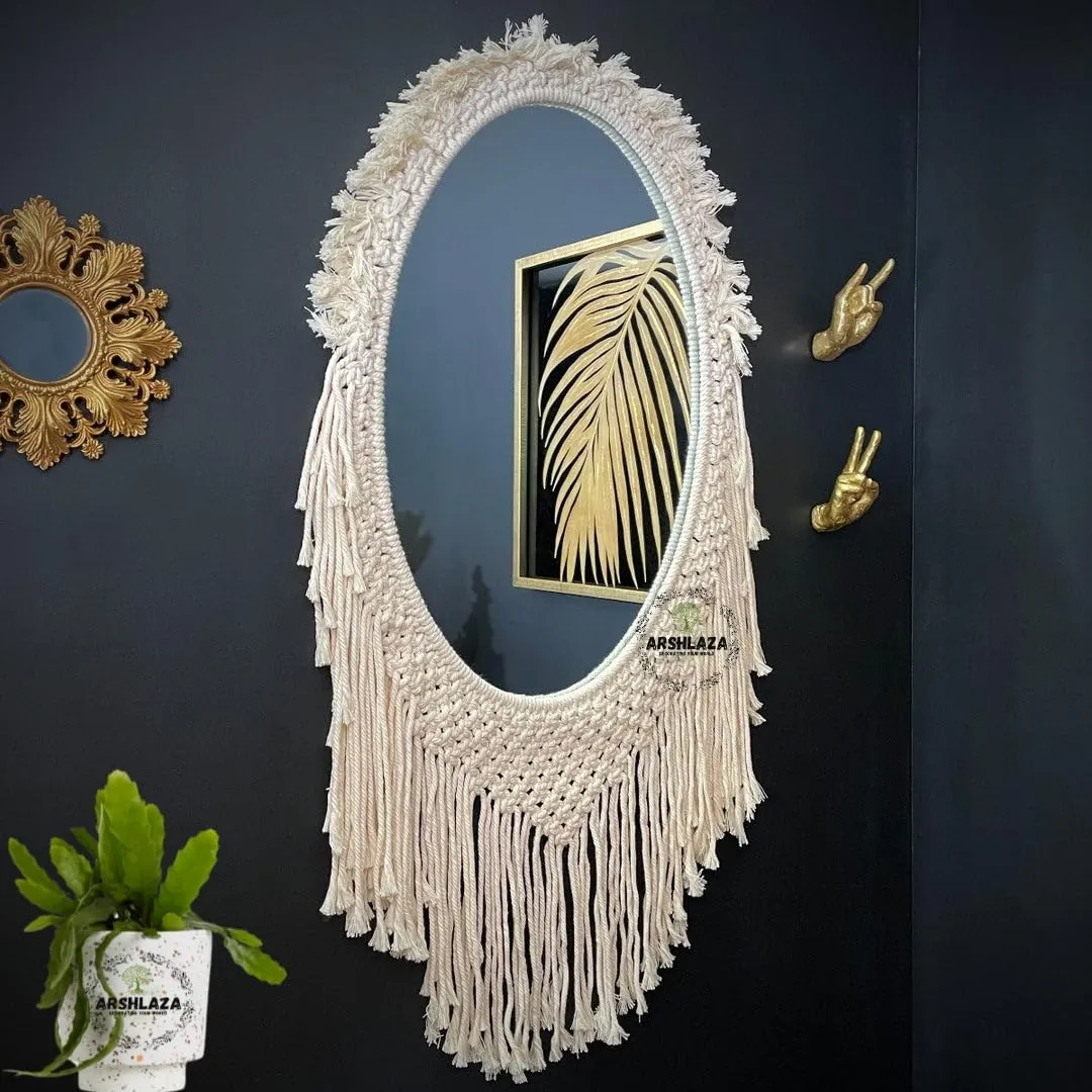 ARSHLAZA Macrame Hanging Wall Mirror with Macrame Round Mirror Art Boho Decor Macrame Decorative Mirror [MF90] Framed, White