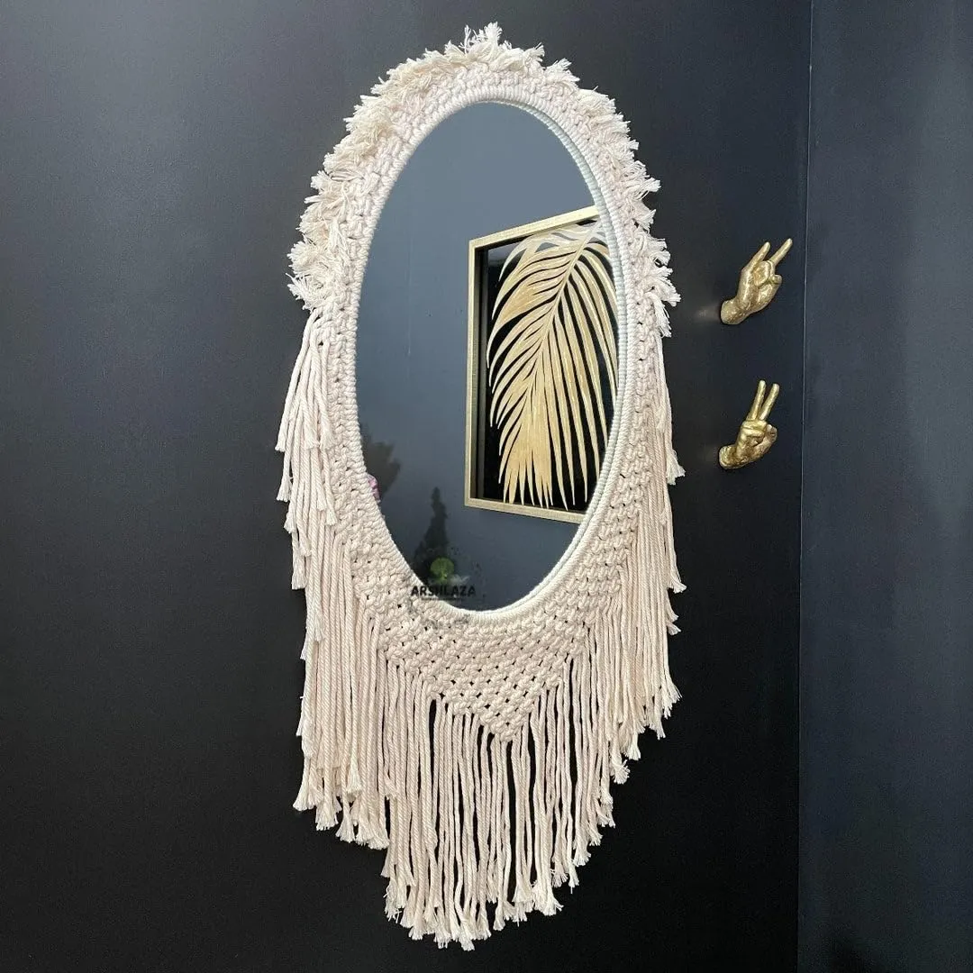 ARSHLAZA Macrame Hanging Wall Mirror with Macrame Round Mirror Art Boho Decor Macrame Decorative Mirror [MF90] Framed, White