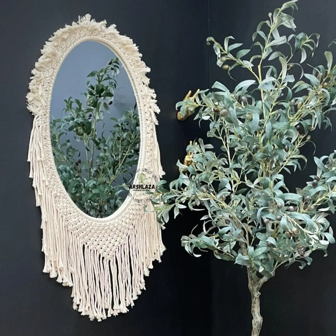 ARSHLAZA Macrame Hanging Wall Mirror with Macrame Round Mirror Art Boho Decor Macrame Decorative Mirror [MF90] Framed, White
