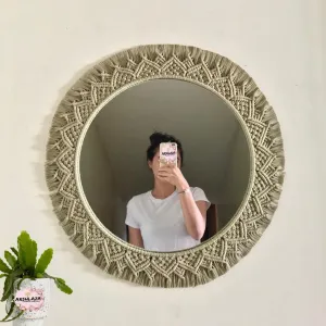 ARSHLAZA Macrame Hanging Wall Mirror with Macrame Round Mirror Art Boho Decor Macrame Decorative Mirror [MGRN105] Framed, Off-White
