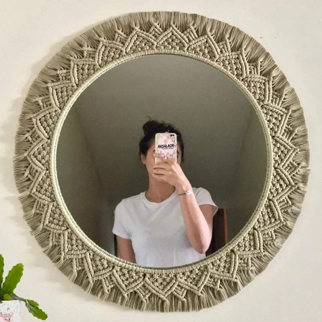 ARSHLAZA Macrame Hanging Wall Mirror with Macrame Round Mirror Art Boho Decor Macrame Decorative Mirror [MGRN105] Framed, Off-White