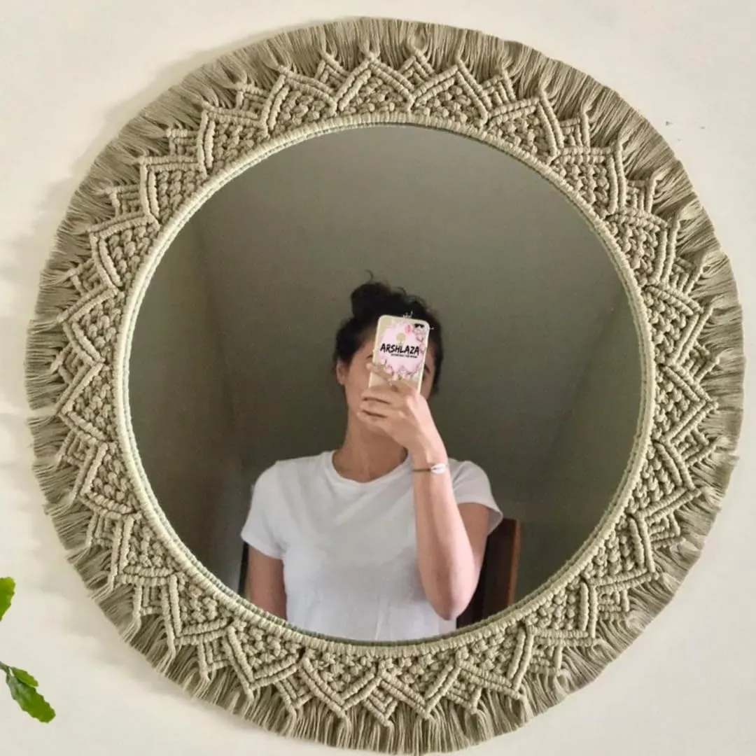 ARSHLAZA Macrame Hanging Wall Mirror with Macrame Round Mirror Art Boho Decor Macrame Decorative Mirror [MGRN105] Framed, Off-White