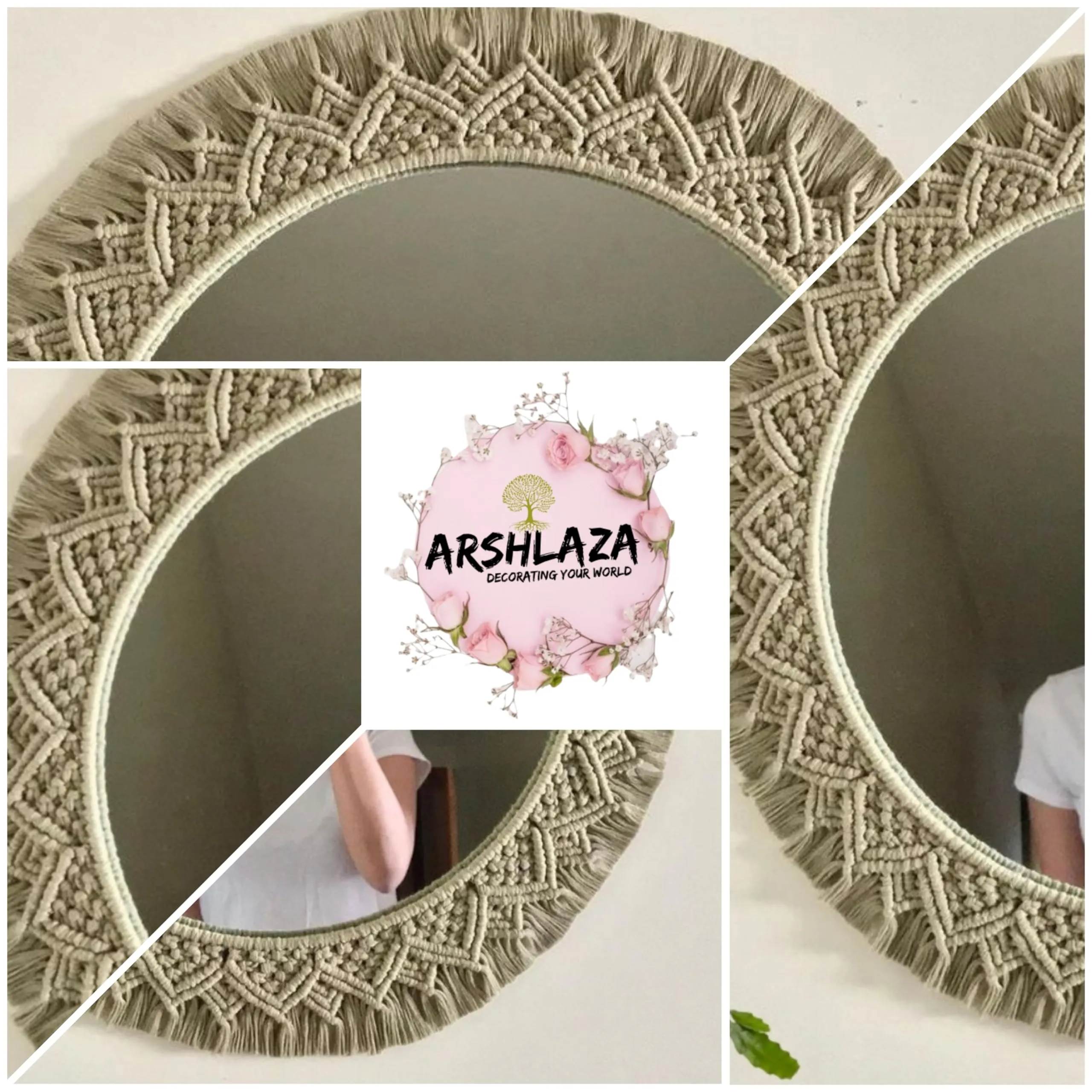 ARSHLAZA Macrame Hanging Wall Mirror with Macrame Round Mirror Art Boho Decor Macrame Decorative Mirror [MGRN105] Framed, Off-White