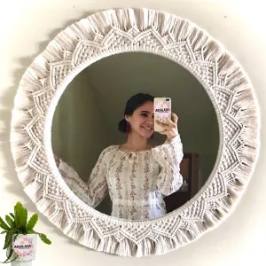 ARSHLAZA Macrame Hanging Wall Mirror with Macrame Round Mirror Art Boho Decor Macrame Decorative Mirror [MW105] Framed, Off-White