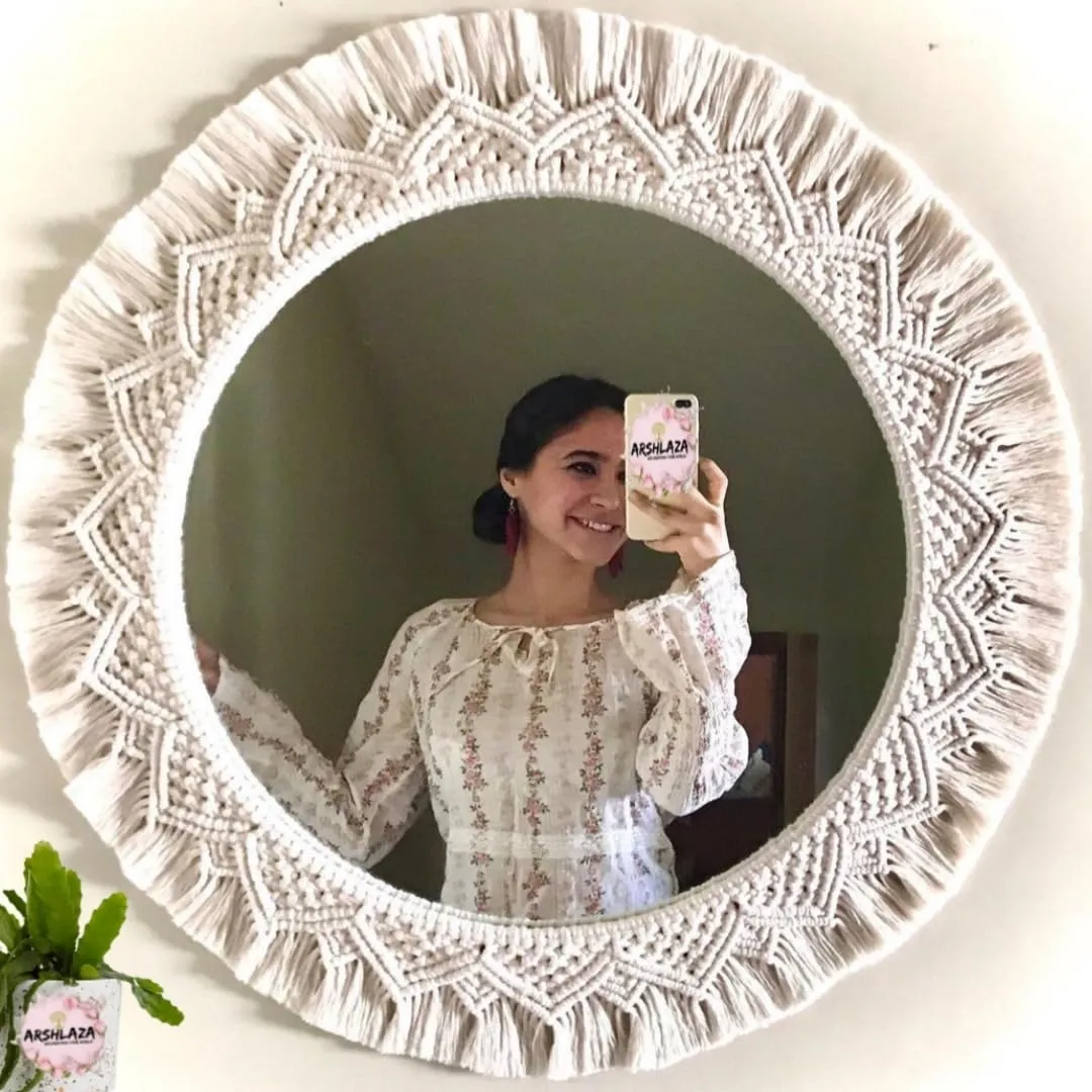 ARSHLAZA Macrame Hanging Wall Mirror with Macrame Round Mirror Art Boho Decor Macrame Decorative Mirror [MW105] Framed, Off-White