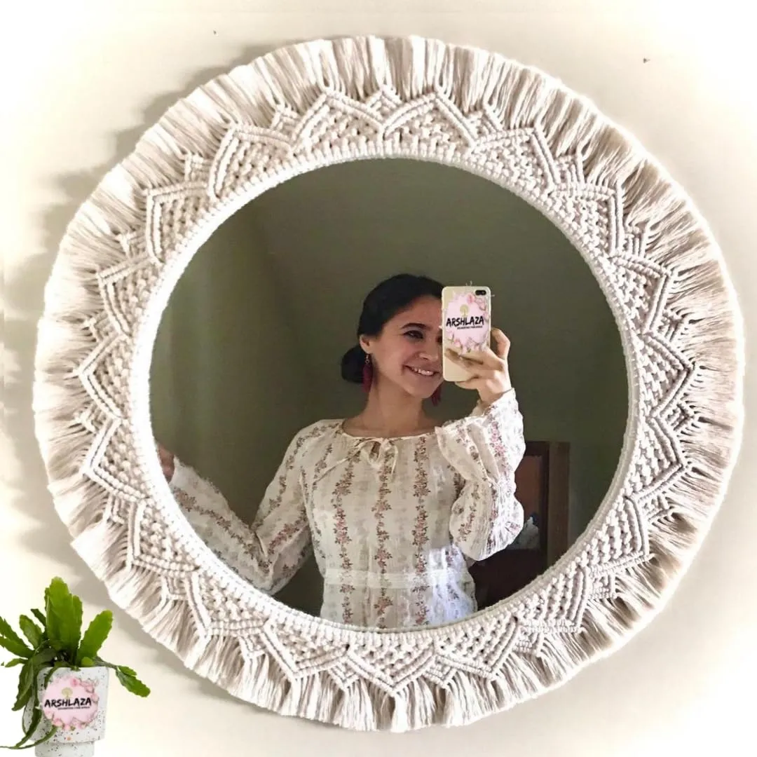 ARSHLAZA Macrame Hanging Wall Mirror with Macrame Round Mirror Art Boho Decor Macrame Decorative Mirror [MW105] Framed, Off-White