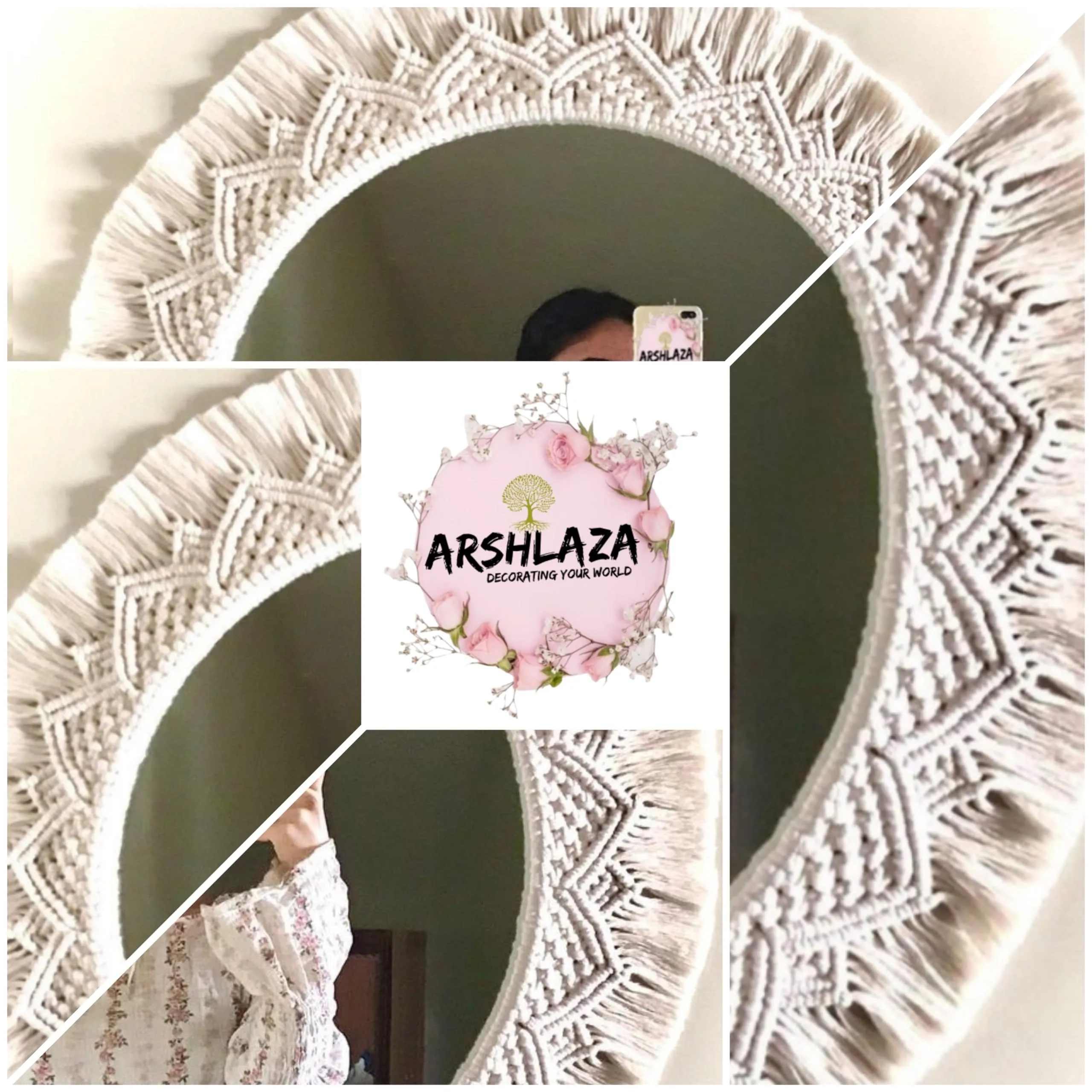 ARSHLAZA Macrame Hanging Wall Mirror with Macrame Round Mirror Art Boho Decor Macrame Decorative Mirror [MW105] Framed, Off-White