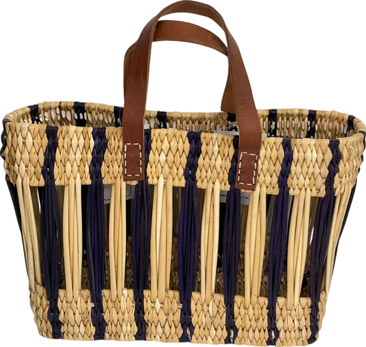 Beige Decorative Reed Basket, Indigo Stripe Straw Bag