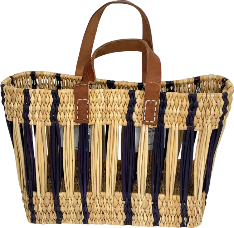 Beige Decorative Reed Basket, Indigo Stripe Straw Bag