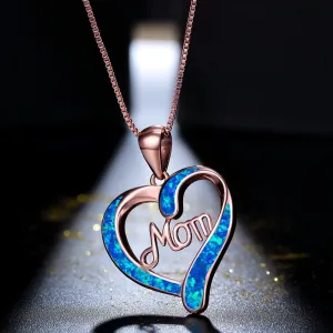Blue MOM Heart Pendant Necklace Women Anniversary Jewelry