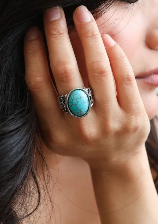Bohemian Oval Cut Adjustable Turquoise Ring