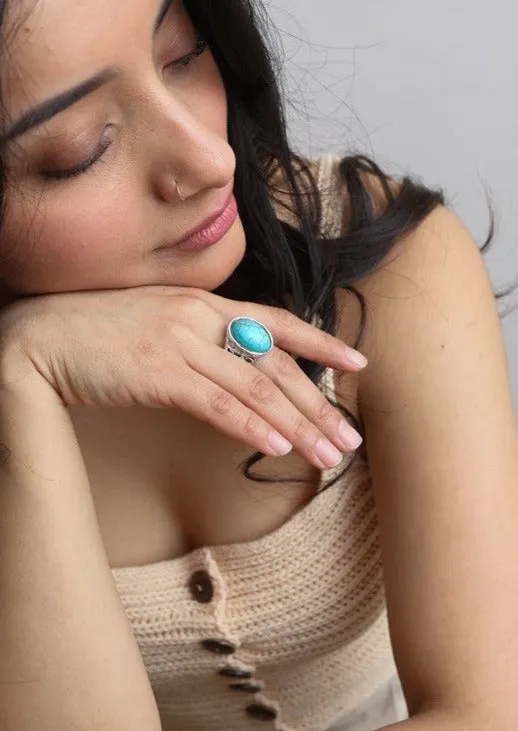 Bohemian Oval Cut Adjustable Turquoise Ring