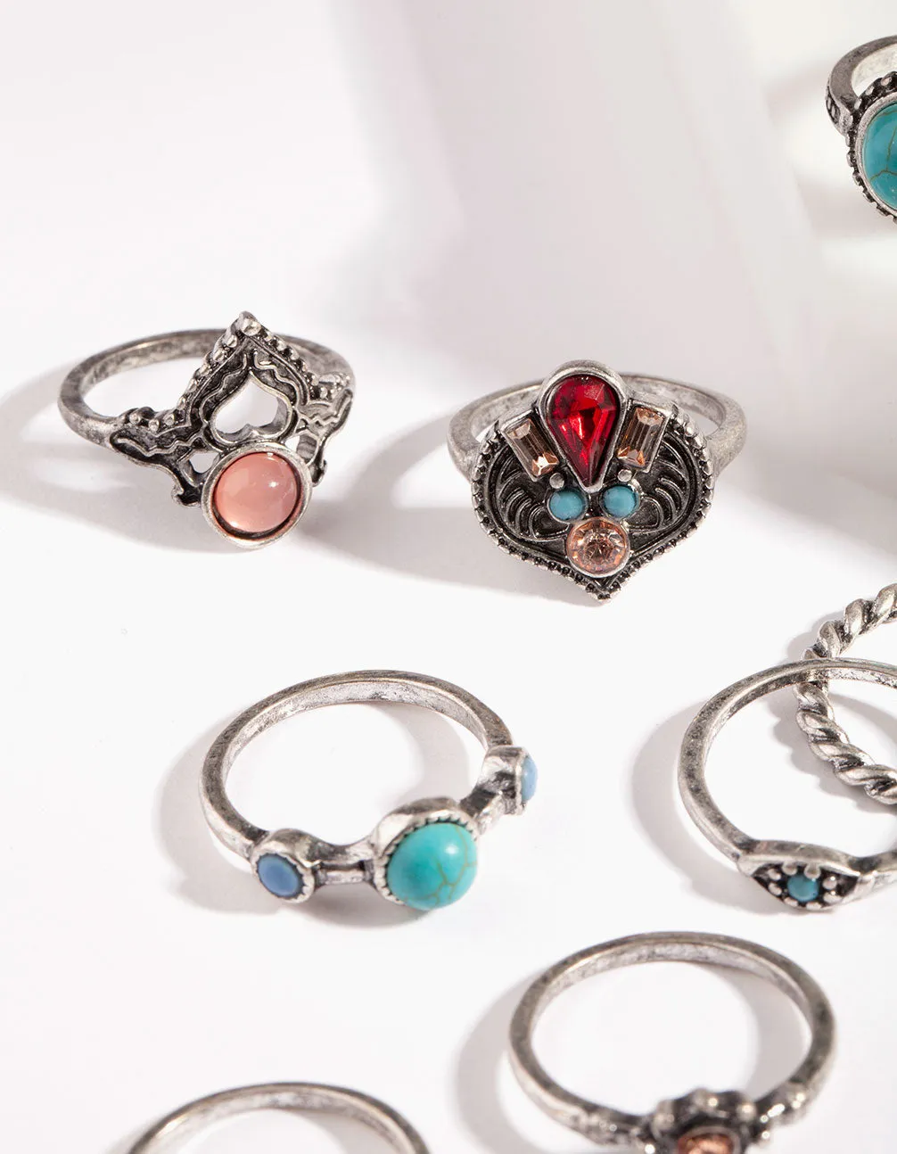 Bohemian Silver Mixed Stone Ring 8-Pack
