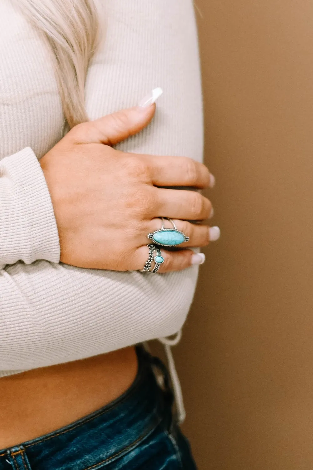 Bohemian Turquoise Rhinestone Ring Collection - Set of 8 Vintage Silver Rings