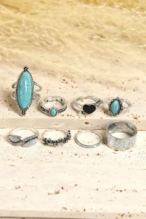 Bohemian Turquoise Rhinestone Ring Collection - Set of 8 Vintage Silver Rings